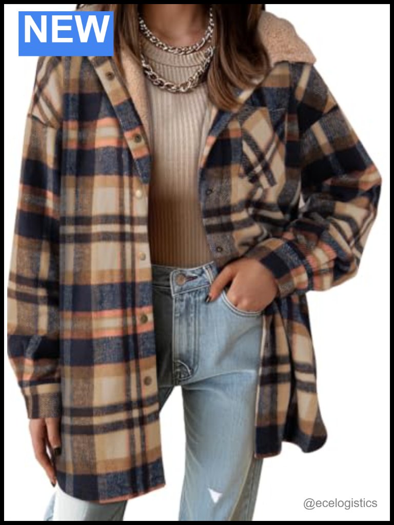 Women's Flannel Hooded Plaid Shacket Thick Fleece Jacket